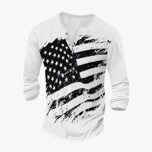 Men's White and Black Graphic Henley Shirt